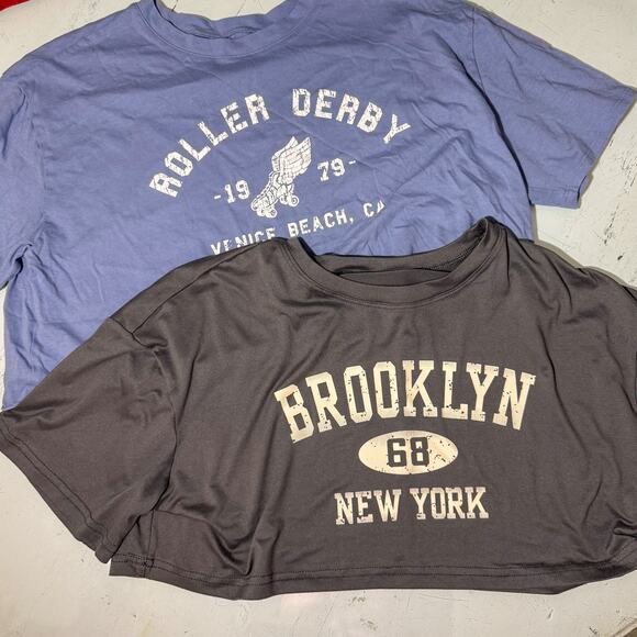 2 Pack Bundle Athleisure Graphic Tees Roller Derby Blue Brooklyn Cropped Black - Picture 1 of 5